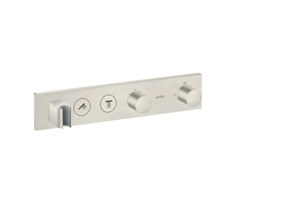 Thermostatmodul von AXOR mit zwei Reglern zur Steuerung von Wärme und Wasserfluss, integriert in eine schlichte Edelstahl-Oberfläche, geeignet für Unterputzinstallation.